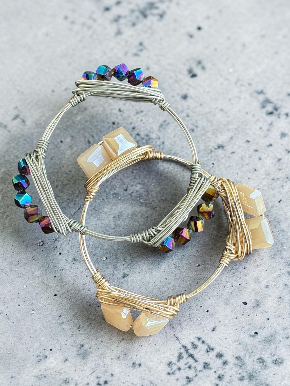 2 Handmade Beige Crystal Gemstone Wire Wrapped Bracelet Size 7.5